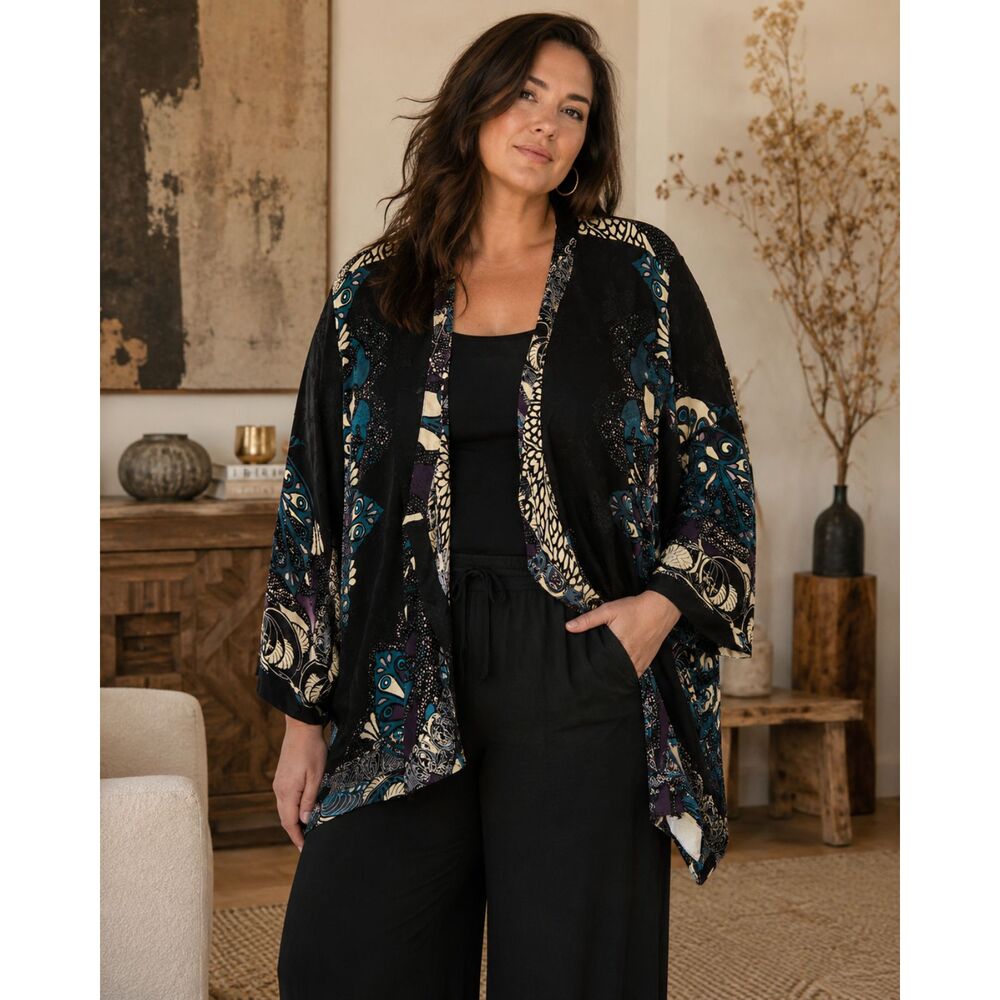 CITRON Black White 100% Silk Peacock Blouse Shawl Cardigan Top   Women's Size 1X